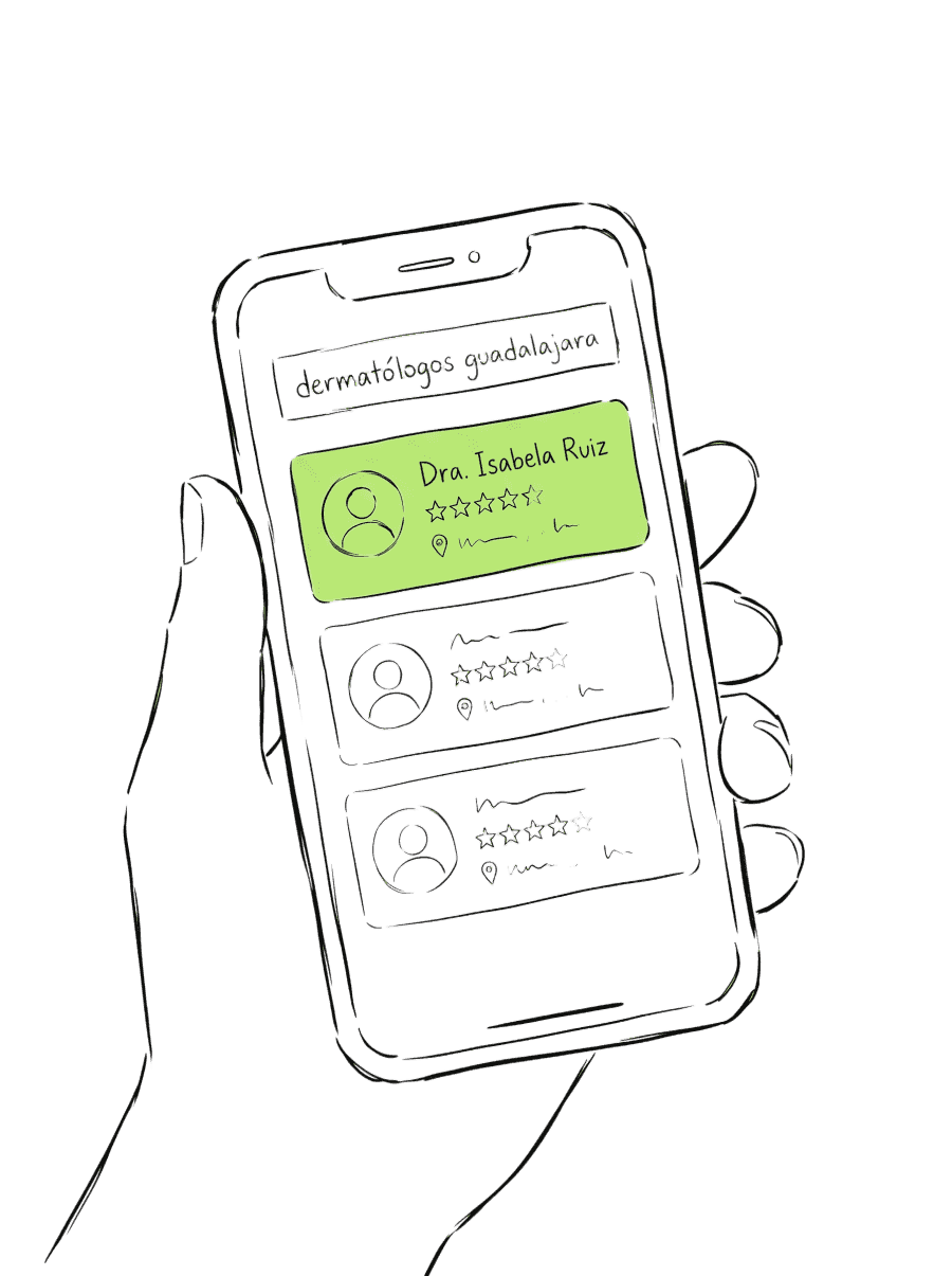 Ilustración de línea: mano sosteniendo un celular con resultados de búsqueda de dermatólogos en Guadalajara, uno resaltado